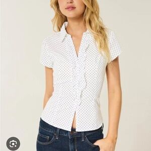 Hollister Tuxedo Ruffle Polka Dot Button Up Top
